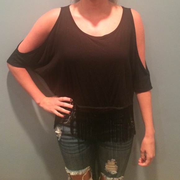 Black open shoulder fringe top