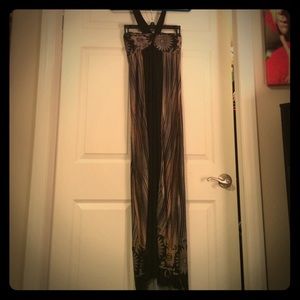 Spandex feel dress. Black grey cream, halter style