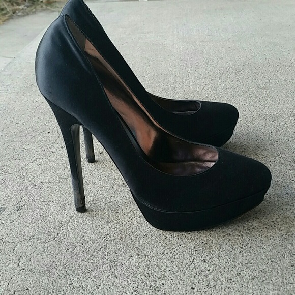 Satin Black Platform Stiletto Heels - Picture 2 of 4