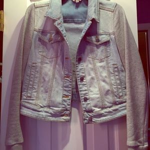 Denim jacket with sweatshirt sleeves