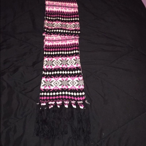 Big comfy black, pink, and white scarf.