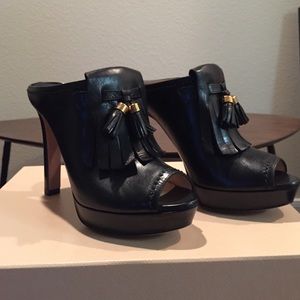 Prada black leather heels with fringe