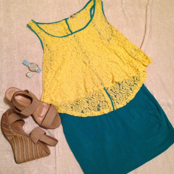 Yellow and turquoise lace crop top