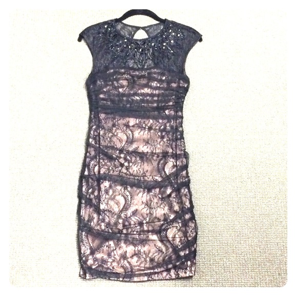 Bebe Lace Dress w Mesh Overlay and Beaded Neckline