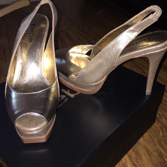 BEBE GOLD PEEP TOE SLING BACK HEEL