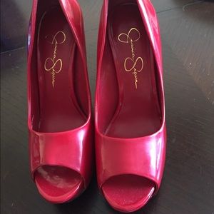 Red hot Jessica Simpson peep toe pumps!