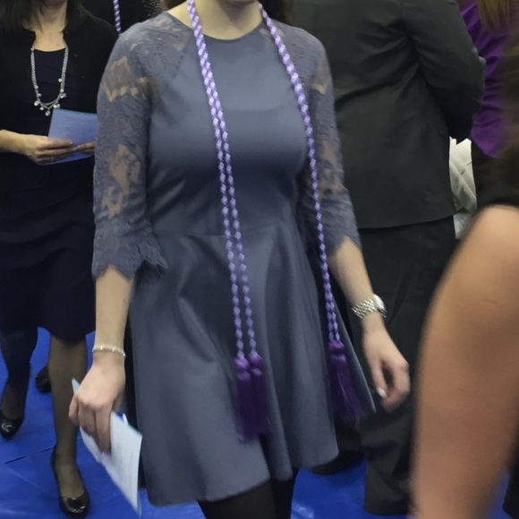 Blue skater dress with lace sleeves and back - Picture 2 of 4