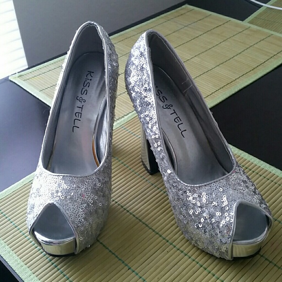 Silver platform sequin heels