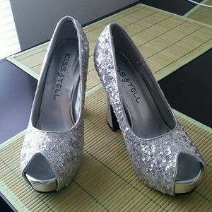 Silver platform sequin heels