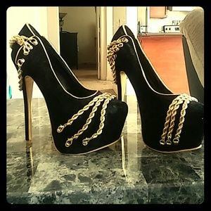 Alba Suede Black Gold Chain Heels