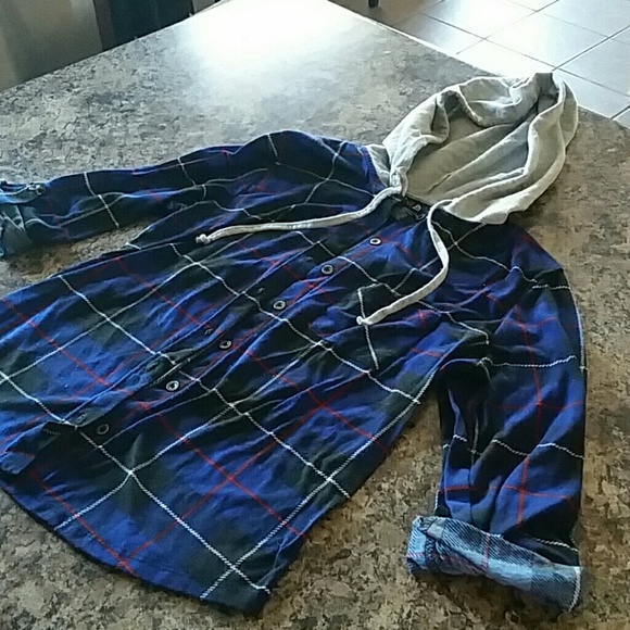 Blue plaid button up with hood