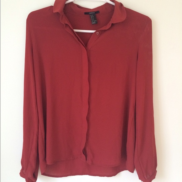 Red Long Sleeve Sheer Blouse