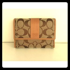 Coach tan camel trifold wallet with logo