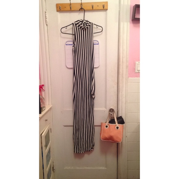 Black and white striped turtle neck dress