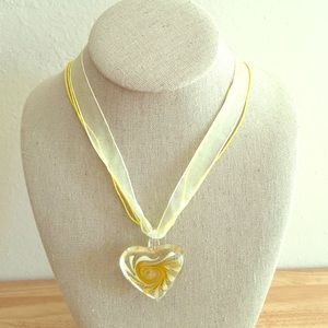 Murano Yellow Heart with Flower Lampwork Necklace