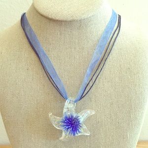Murano Blue Starfish with Flower Lampwork Necklace