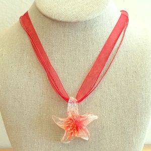 Murano Peach Starfish w/ Flower Lampwork Necklace