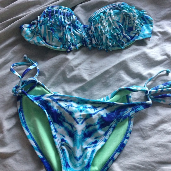 blue // green fringe strapless bikini