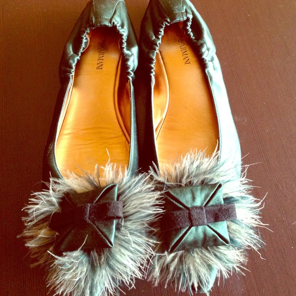 Emporio Armani Fur & Satin Flats- Hunter Green