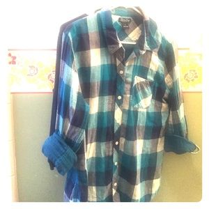 Navy and turquoise plaid button down