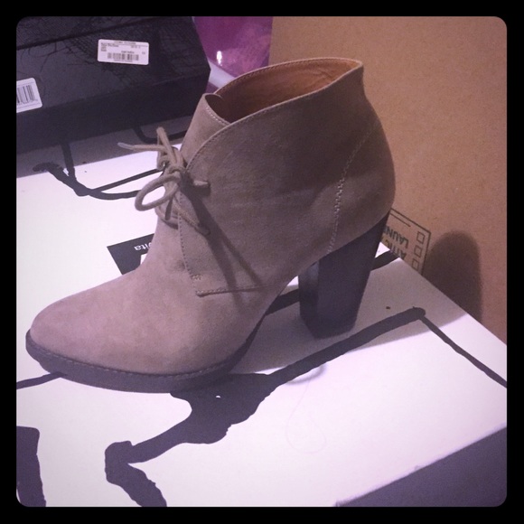 Taupe faux suede lace up bootie chunky heel