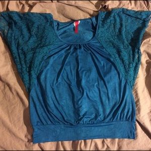 Teal Silky Dress Shirt with Lace Sleeves