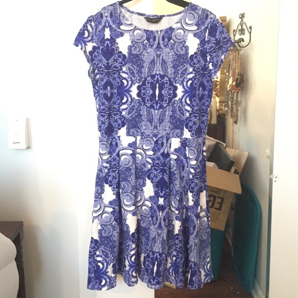 Blue and White Pleated Midi Dress