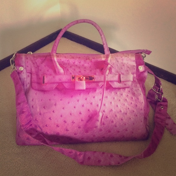 Fuchsia nylon bag with ostrich print