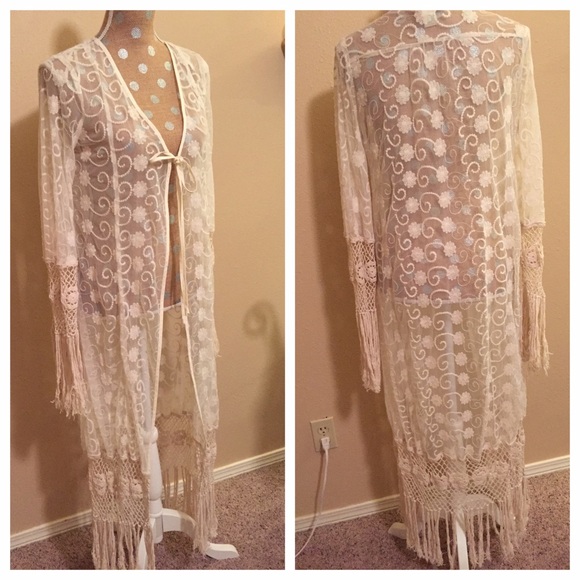 Band of gyspies Jackets & Blazers - Cream long lace crotchet kimono