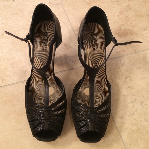 Black leather peep toe heels