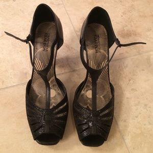 Black leather peep toe heels