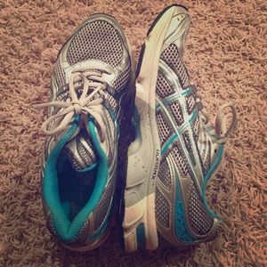 Teal and Grey Asics running shoes