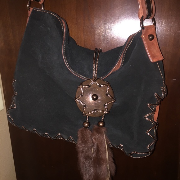 Suede handbag black and rust color.