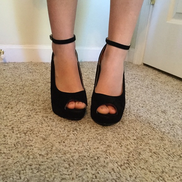 Shoes - ππ Black Faux Suede Peep Toe Heels ππ Shoes - ππ Black Faux Suede Peep Toe Heels ππ