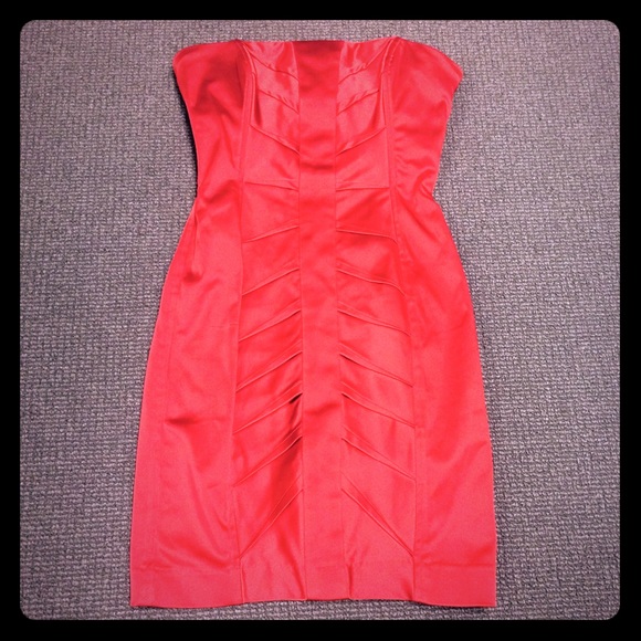 Bebe Red Satin Pintucked Strapless Dress