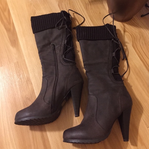 Dark brown leather heel boots with lace up back