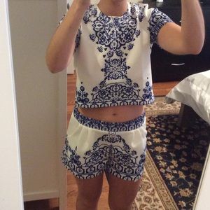 Blue & White Crop Top/Shorts Set