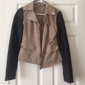 Khaki Jacket With Leather Sleeves