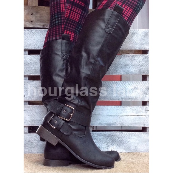 Hourglass Lady Shoes - Black faux leather tall riding boots