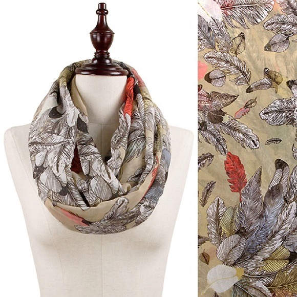 Accessories - Feather Illustrated Print Infinity Scarf