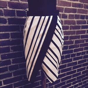 Striped asymmetrical wrap-look skirt
