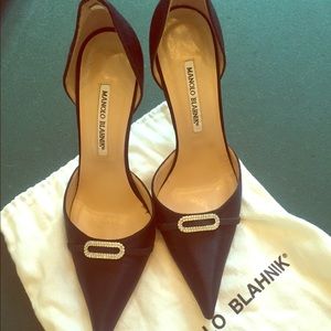 Manolo Blahnik black satin shoes with rhinestones