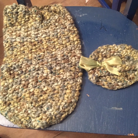 Hand knit swaddle pouch for newborn. Hat to match