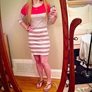 Coral, Tan, and White Striped Express Dress