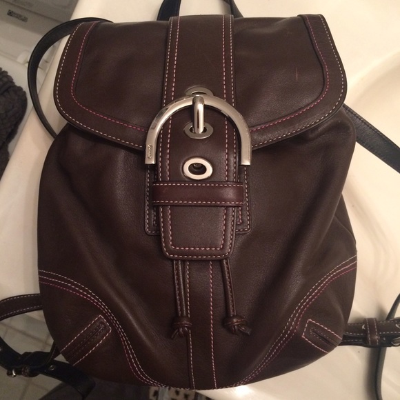 Coach Brown Leather Backpack with Pink Thread