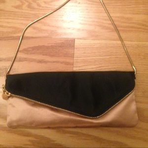 Henri Bendel silk beige and black clutch