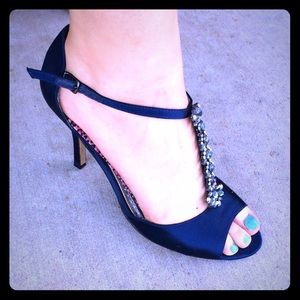 ✨LAST CHANCE✨Blue Satin Rhinestone T-strap Heels