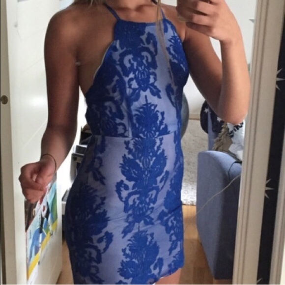 Blue lace body con dress