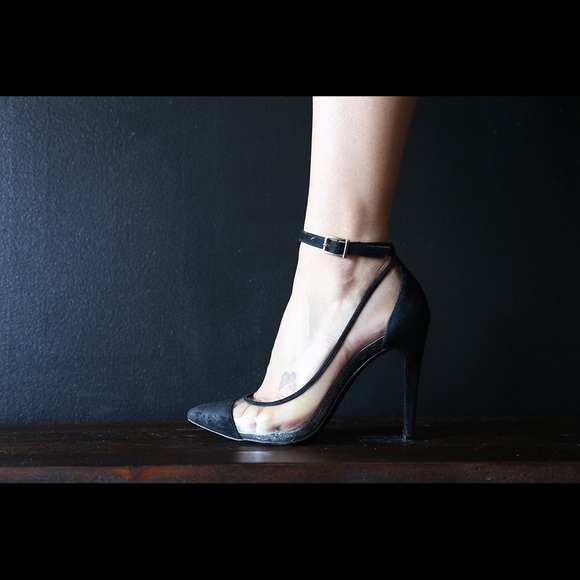 BCBG clear patent heel.
