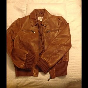 Brown Faux Leather Bomber Jacket by Xhiliration